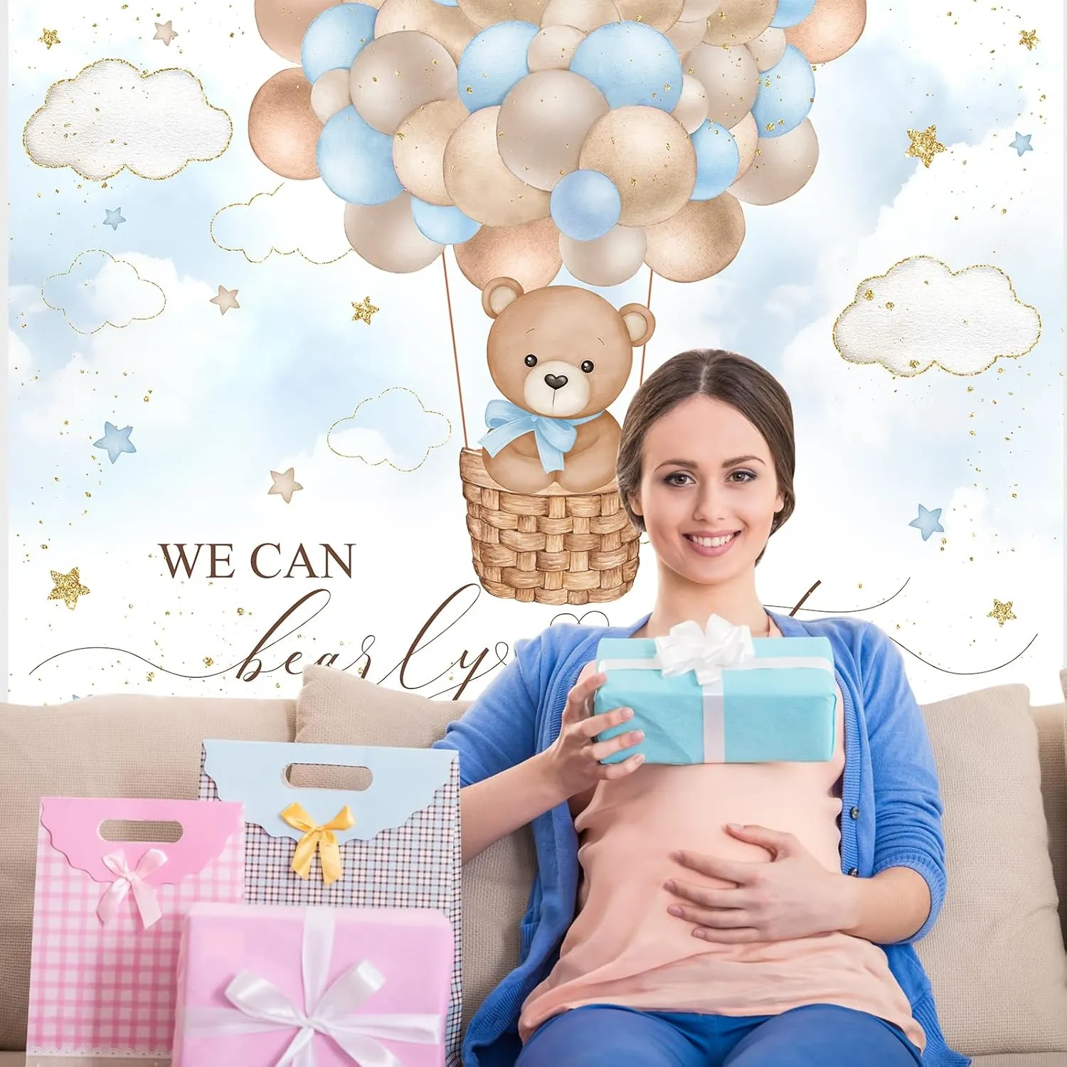 Mocsicka Blue Bear Hot Air Balloon Backdrop Boy Bear Balloons Baby Shower Background We Can Bearly Wait Baby Shower Party Cake Table Decoration Photo Booth Props (8x6ft)