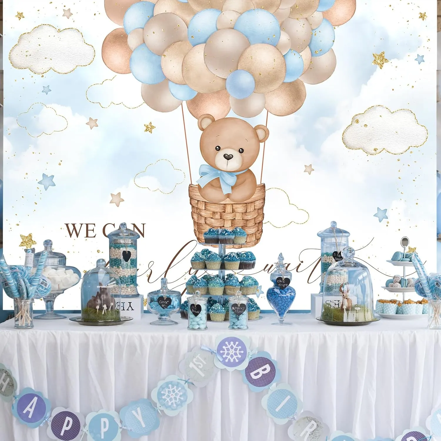 Mocsicka Blue Bear Hot Air Balloon Backdrop Boy Bear Balloons Baby Shower Background We Can Bearly Wait Baby Shower Party Cake Table Decoration Photo Booth Props (8x6ft)