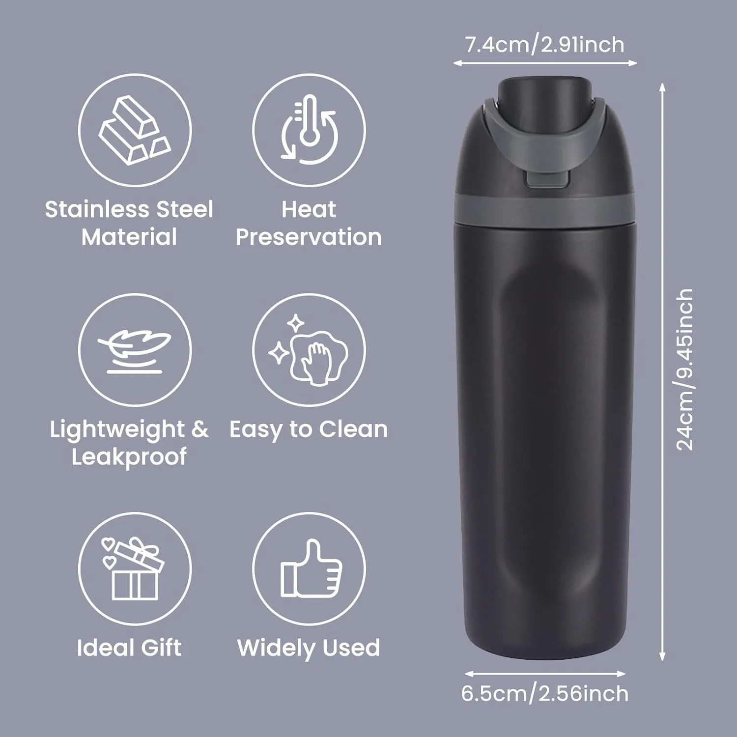 Modern Insulated Water Bottle with Reusable Straw & Carry Handle, Fits in Car Cup Holder, Leakproof Stainless Steel Water Bottles for Sports Travel Work School, 20oz Black