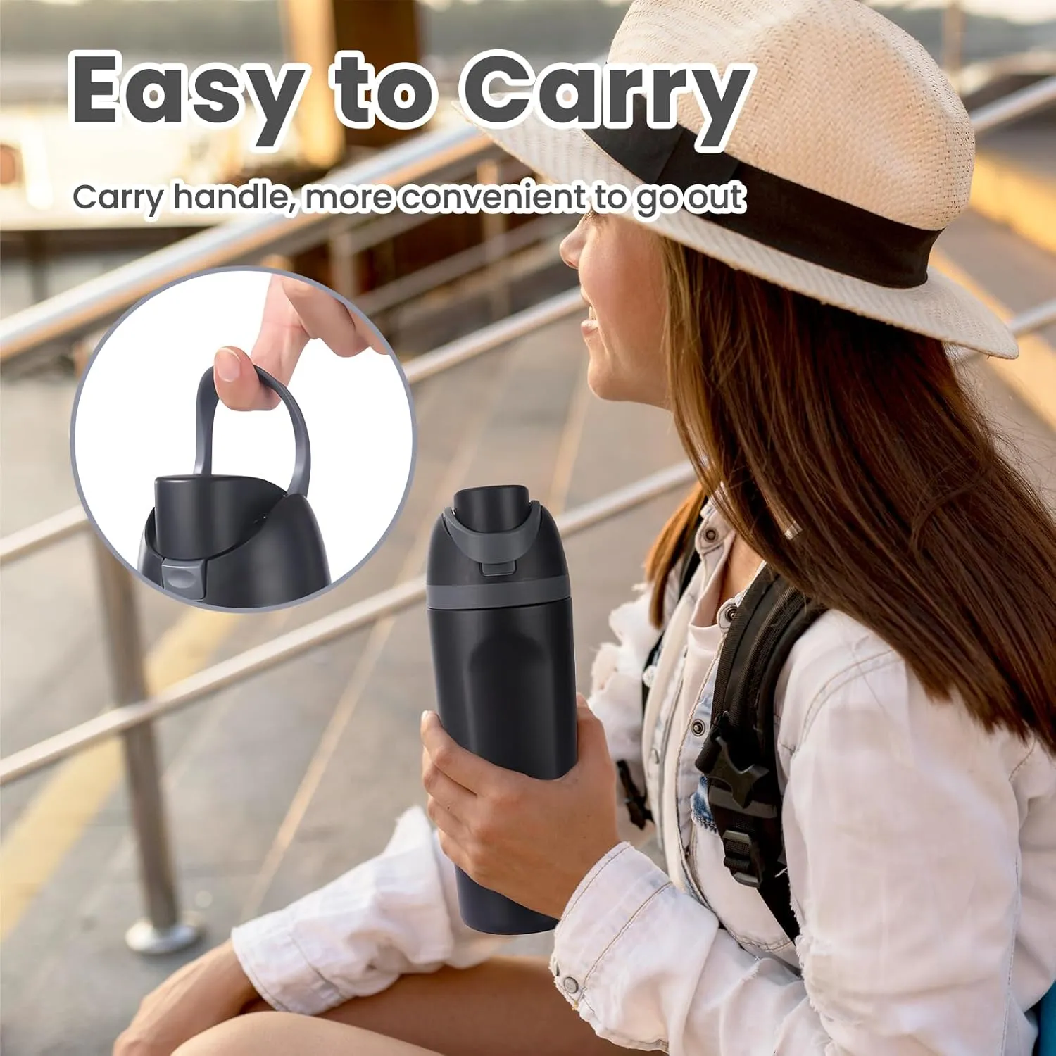 Modern Insulated Water Bottle with Reusable Straw & Carry Handle, Fits in Car Cup Holder, Leakproof Stainless Steel Water Bottles for Sports Travel Work School, 20oz Black