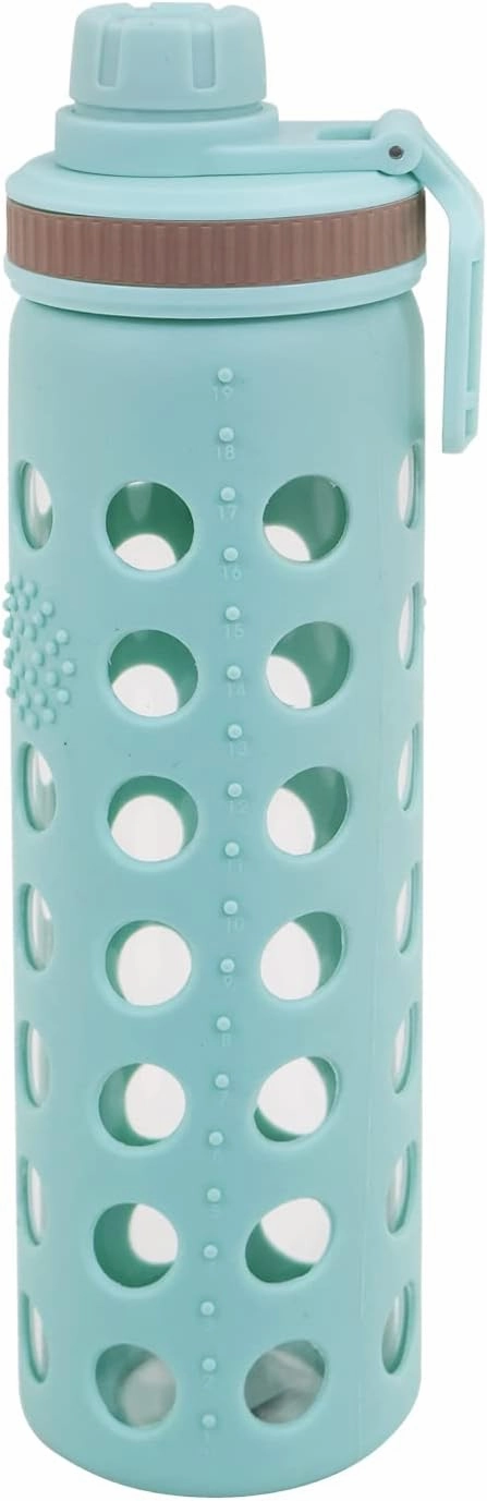 Modern-Depo 20oz Clear Glass Water Bottles Extra Lid Odor Proof and Stain Resistant Wide Mouth Reusable Fitness Sports Bottle with Sleeve, Motivational Water Jug, Blue