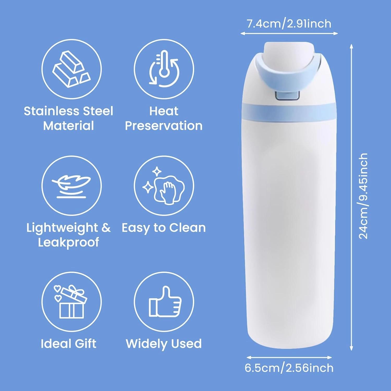 Modern Insulated Water Bottle with Reusable Straw & Carry Handle, Fits in Car Cup Holder, Leakproof Stainless Steel Water Bottles for Sports Travel Work School, 20oz White