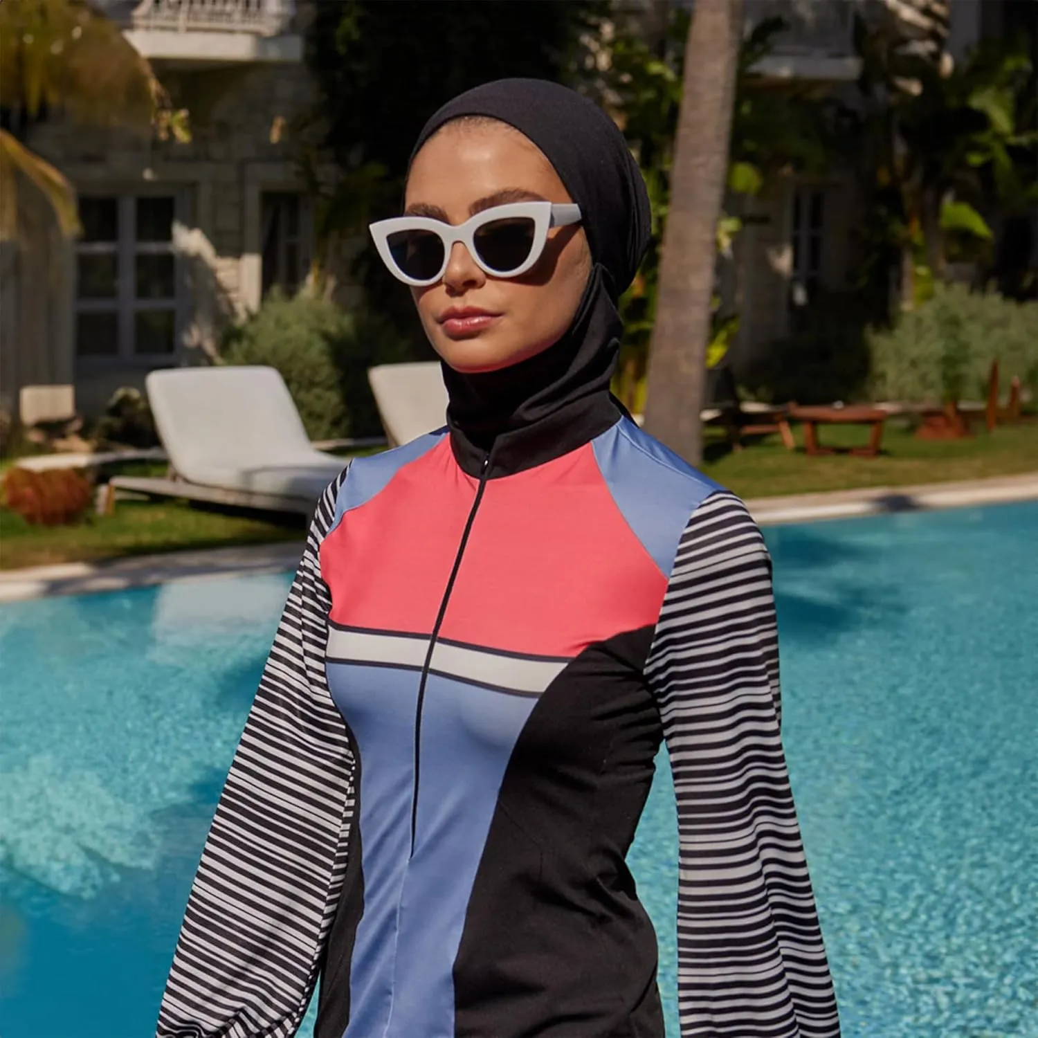 Modest Swimwear for Women 3-Piece Set | Striped Sporty Swimsuit Suit Cover Set | Swimwear Long Sleeve Burkini Set Beachwear