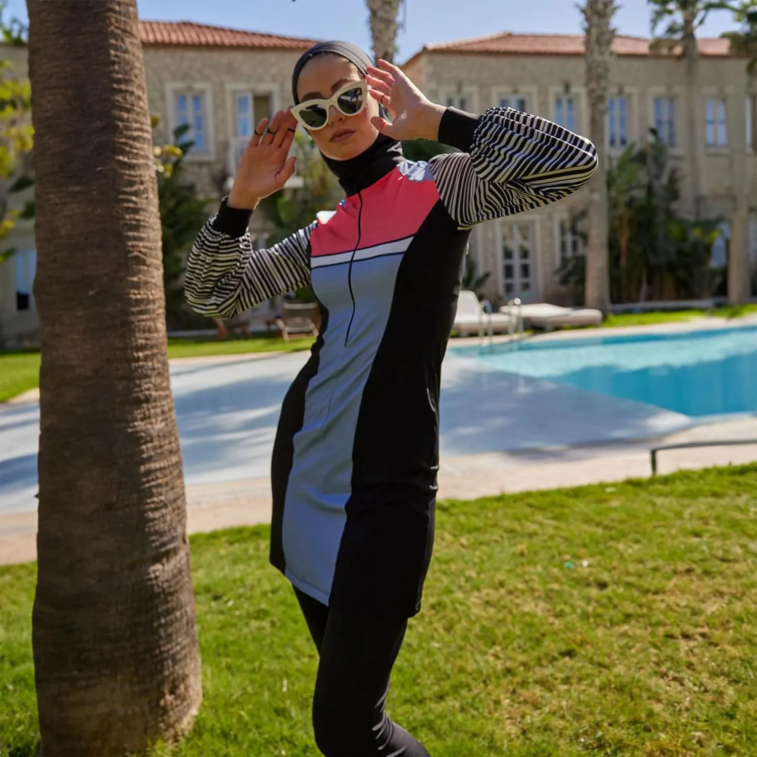 Modest Swimwear for Women 3-Piece Set | Striped Sporty Swimsuit Suit Cover Set | Swimwear Long Sleeve Burkini Set Beachwear