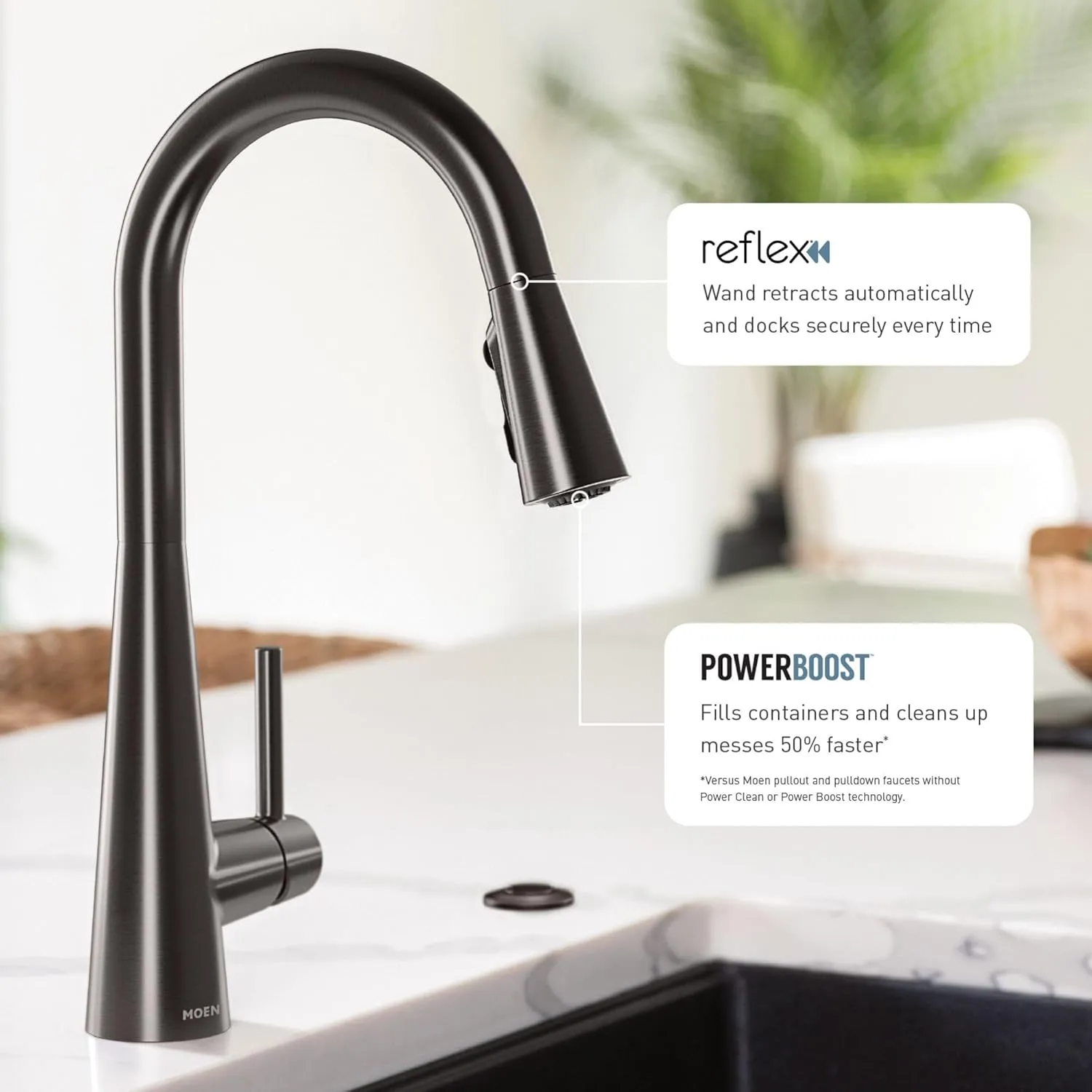 Moen 7864BLS Sleek One Handle High Arc Pulldown Modern Kitchen Faucet Featuring Power Boost, Black Stainless