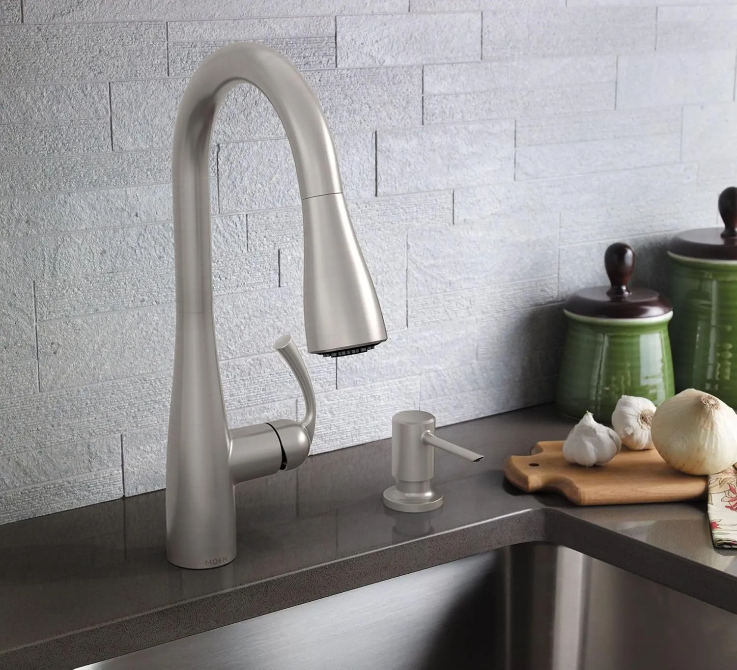 Moen Essie Spot Resist Stainless Pull-Down Sprayer Kitchen Faucet Set with Soap Dispenser - Upgrade Your Kitchen Sink with a Modern Pull Down Spray Head, 87014SRS