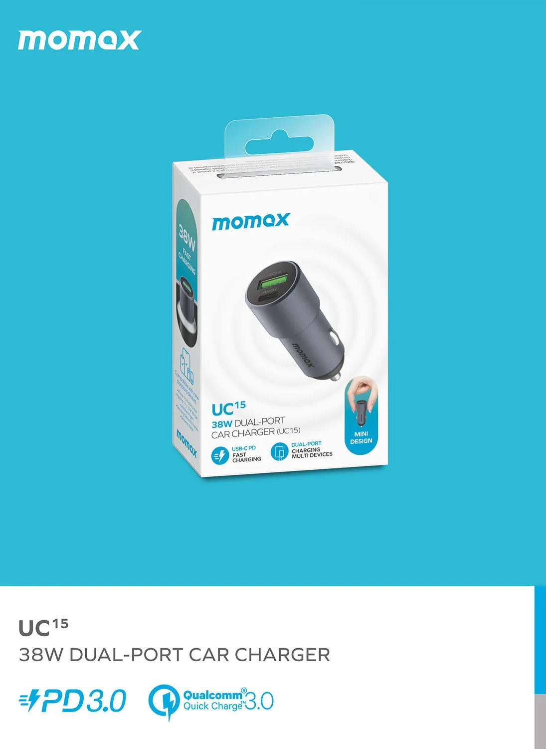 MOMAX UC15 Fast Car Charger [38W] Dual-Port QC3.0 with USB-C PD Type-C
