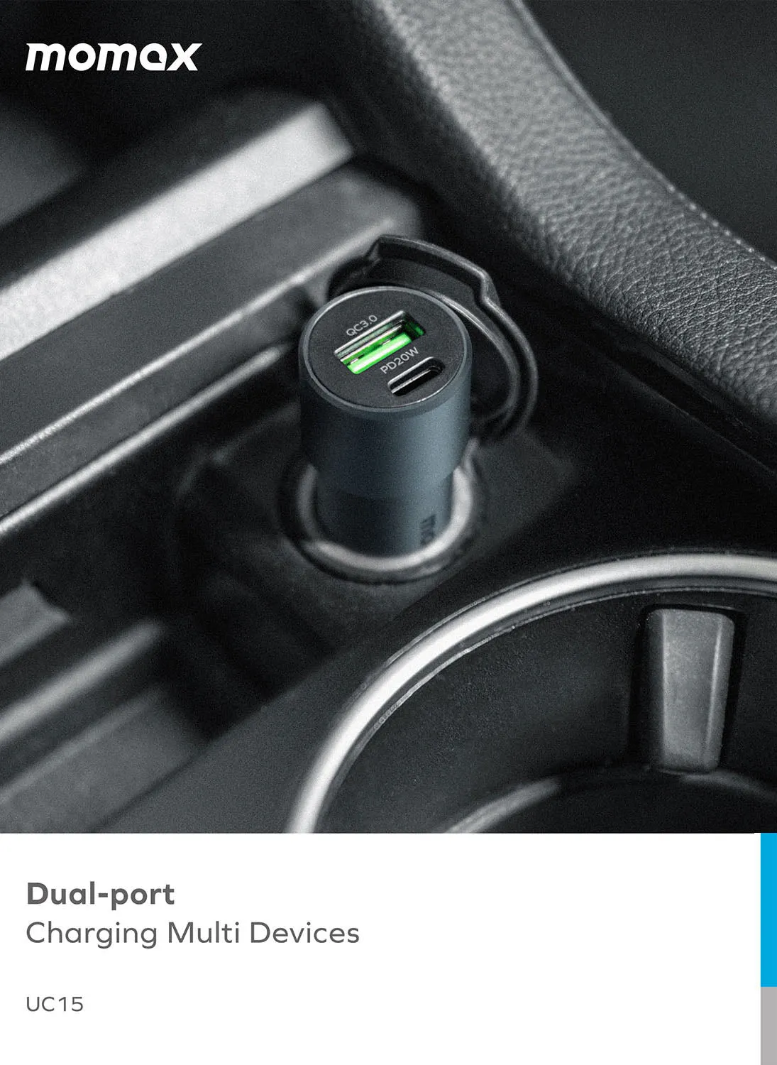 MOMAX UC15 Fast Car Charger [38W] Dual-Port QC3.0 with USB-C PD Type-C