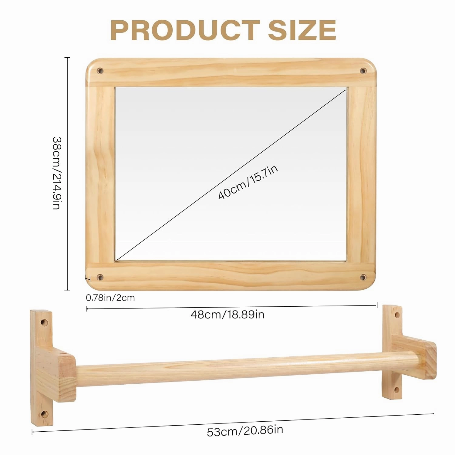 Montessori Mirror Baby Wall, Baby Pull Up Bar, Tummy Time Mirror for Newborn Montessori 3-in-1 Shatterproof Mirror, Wooden Pull Up Bar, Toddler Pull Up Bar, (Small)