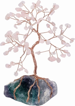 mookaitedecor Natural Rose Quartz Crystal Tree with Raw Crystals Fluorite Base Stone Money Tree Feng Shui Luck Figurine Ornament for Home Office Table Decoration 6-7 Inch