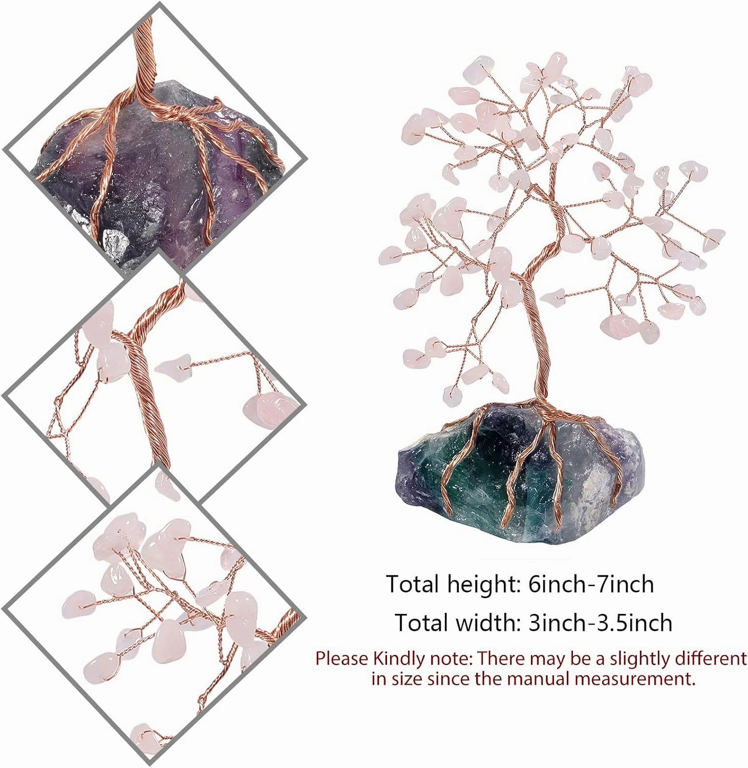 mookaitedecor Natural Rose Quartz Crystal Tree with Raw Crystals Fluorite Base Stone Money Tree Feng Shui Luck Figurine Ornament for Home Office Table Decoration 6-7 Inch