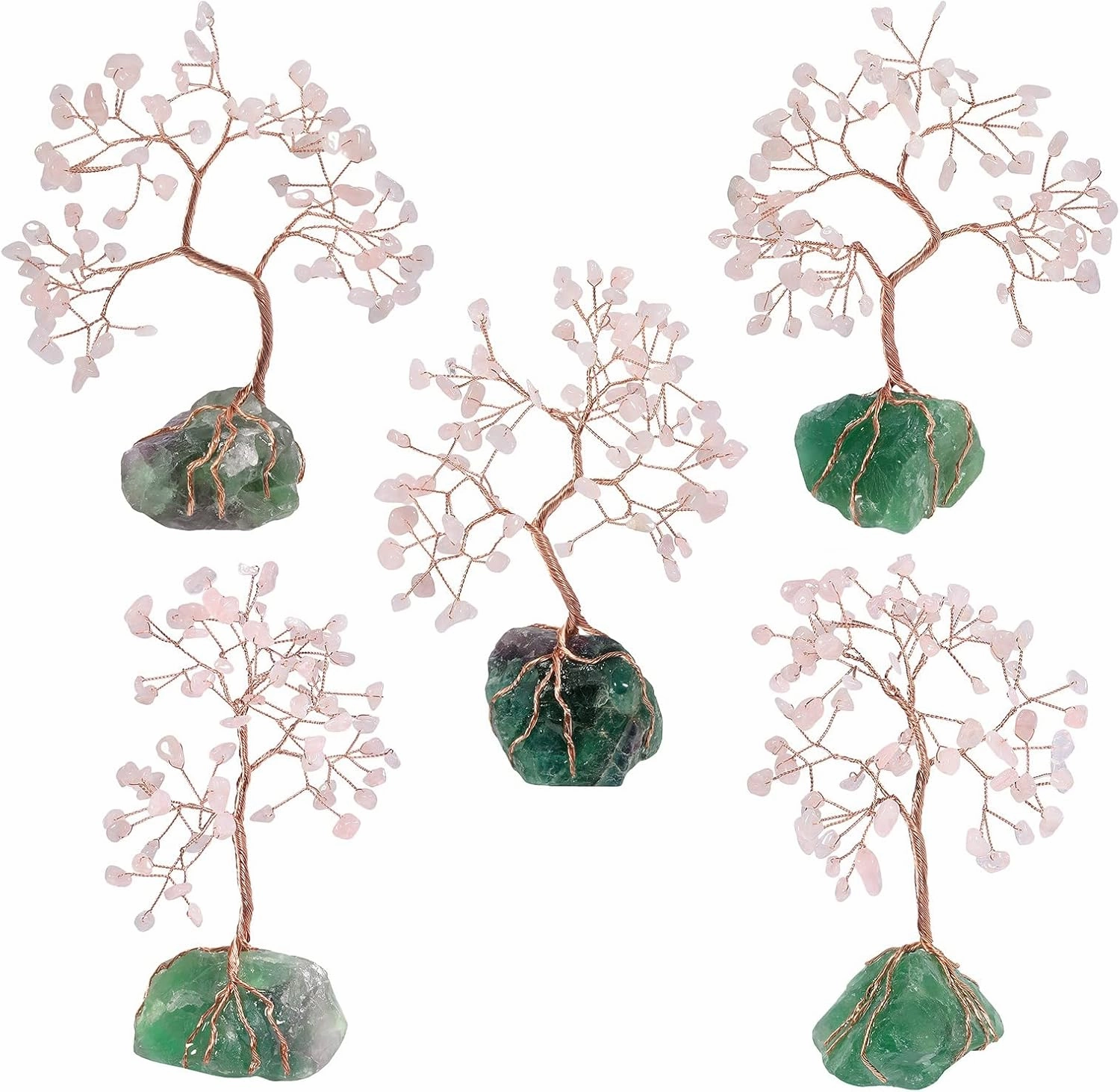 mookaitedecor Natural Rose Quartz Crystal Tree with Raw Crystals Fluorite Base Stone Money Tree Feng Shui Luck Figurine Ornament for Home Office Table Decoration 6-7 Inch
