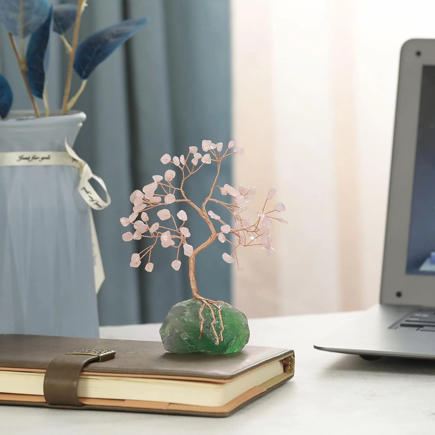 mookaitedecor Natural Rose Quartz Crystal Tree with Raw Crystals Fluorite Base Stone Money Tree Feng Shui Luck Figurine Ornament for Home Office Table Decoration 6-7 Inch