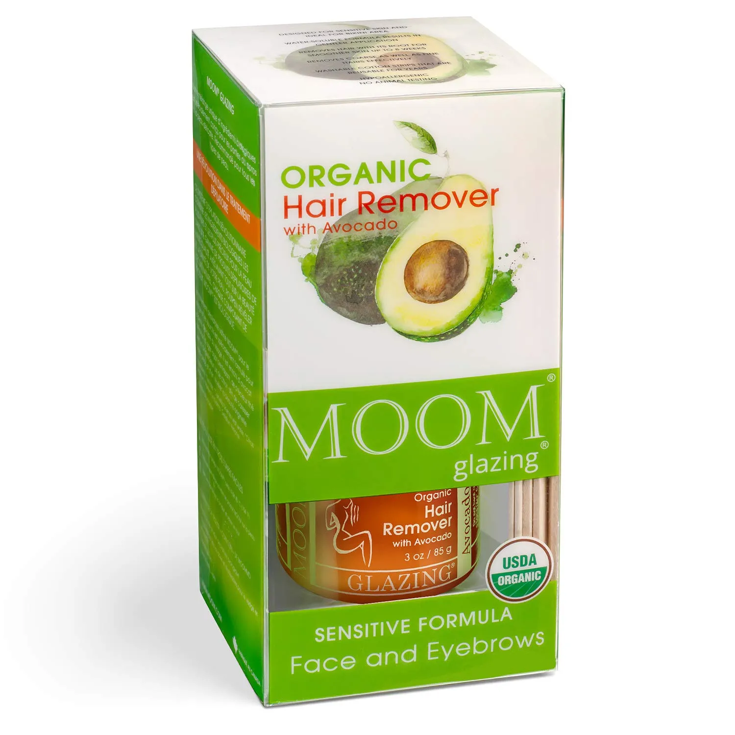 MOOM Organic Wax Kit - Hair Removal Glaze with Avocado Oil, Agar Agar & Green Tea - Includes 18 Reusable Waxing Strips & 6 Waxing Application Sticks - 3 oz. Wax Jar, 1 Pack