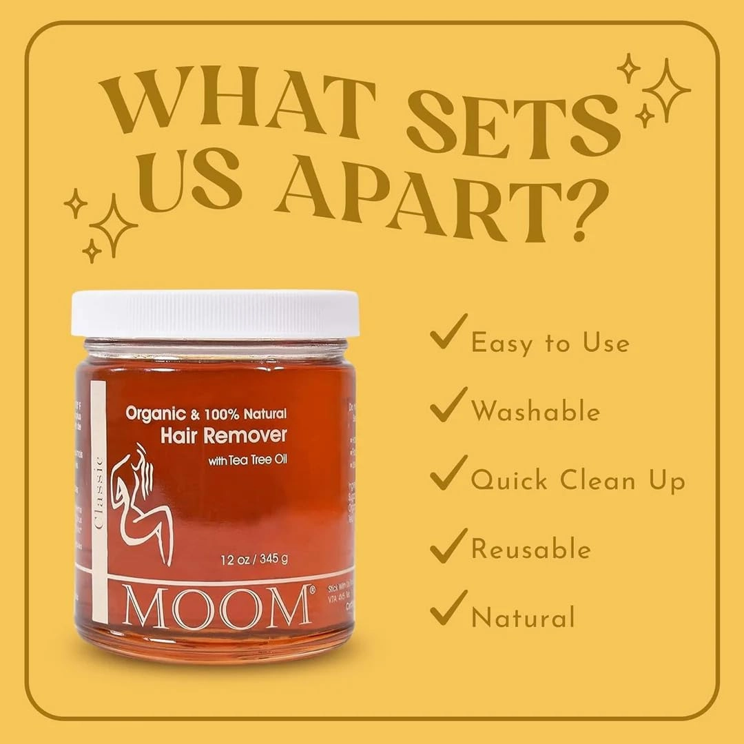 MOOM Organic Sugar Wax with Tea Tree Oil (12 oz)   48 Reusable Polycotton Waxing Strips – Gentle Hair Removal Kit for Face, Bikini, Legs & Body – Natural & Vegan for Women & Men (Sticks NOT Included)