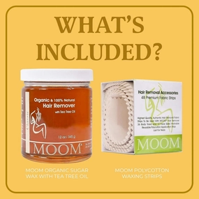 MOOM Organic Sugar Wax with Tea Tree Oil (12 oz)   48 Reusable Polycotton Waxing Strips – Gentle Hair Removal Kit for Face, Bikini, Legs & Body – Natural & Vegan for Women & Men (Sticks NOT Included)