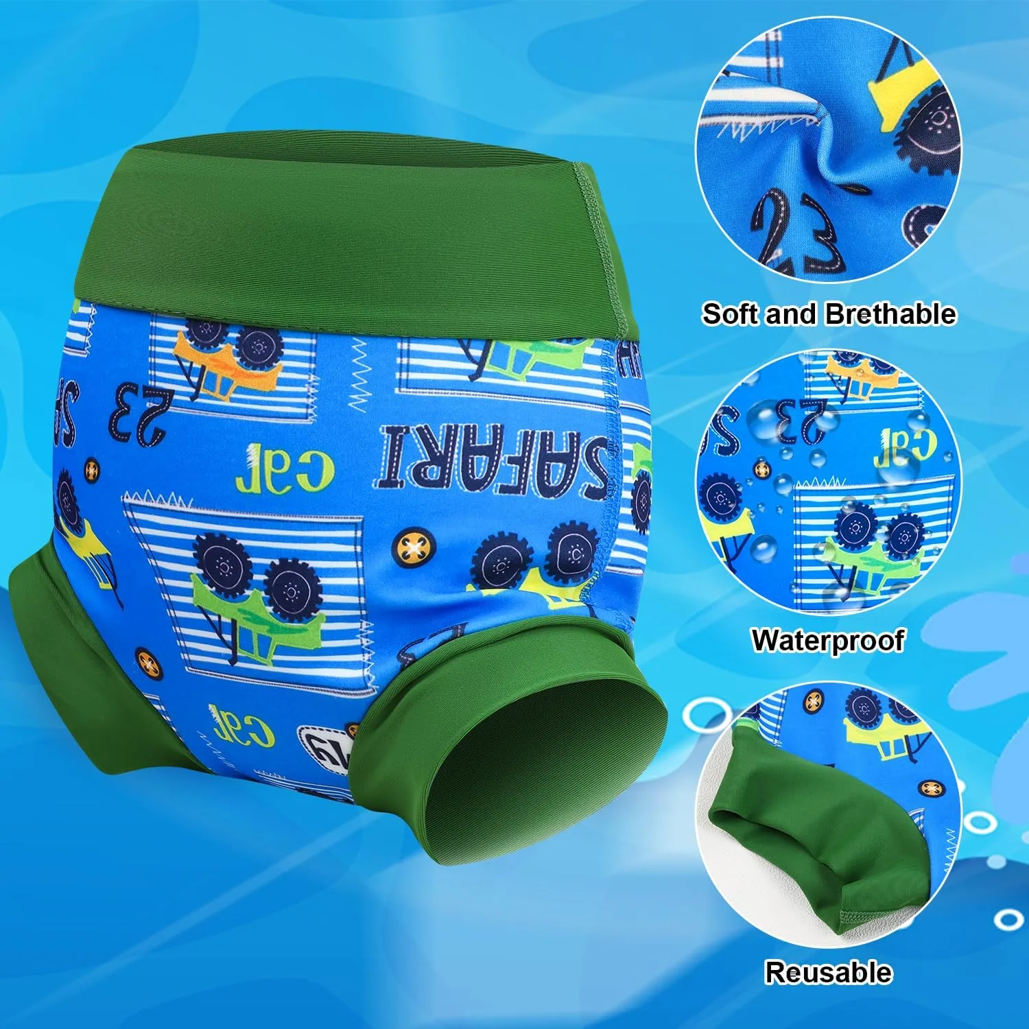 MooMoo Baby Swim Diapers 3 Pcs Waterproof Reusable Swimming Diapers for Baby Swim Lesson 2T-5T, Blue