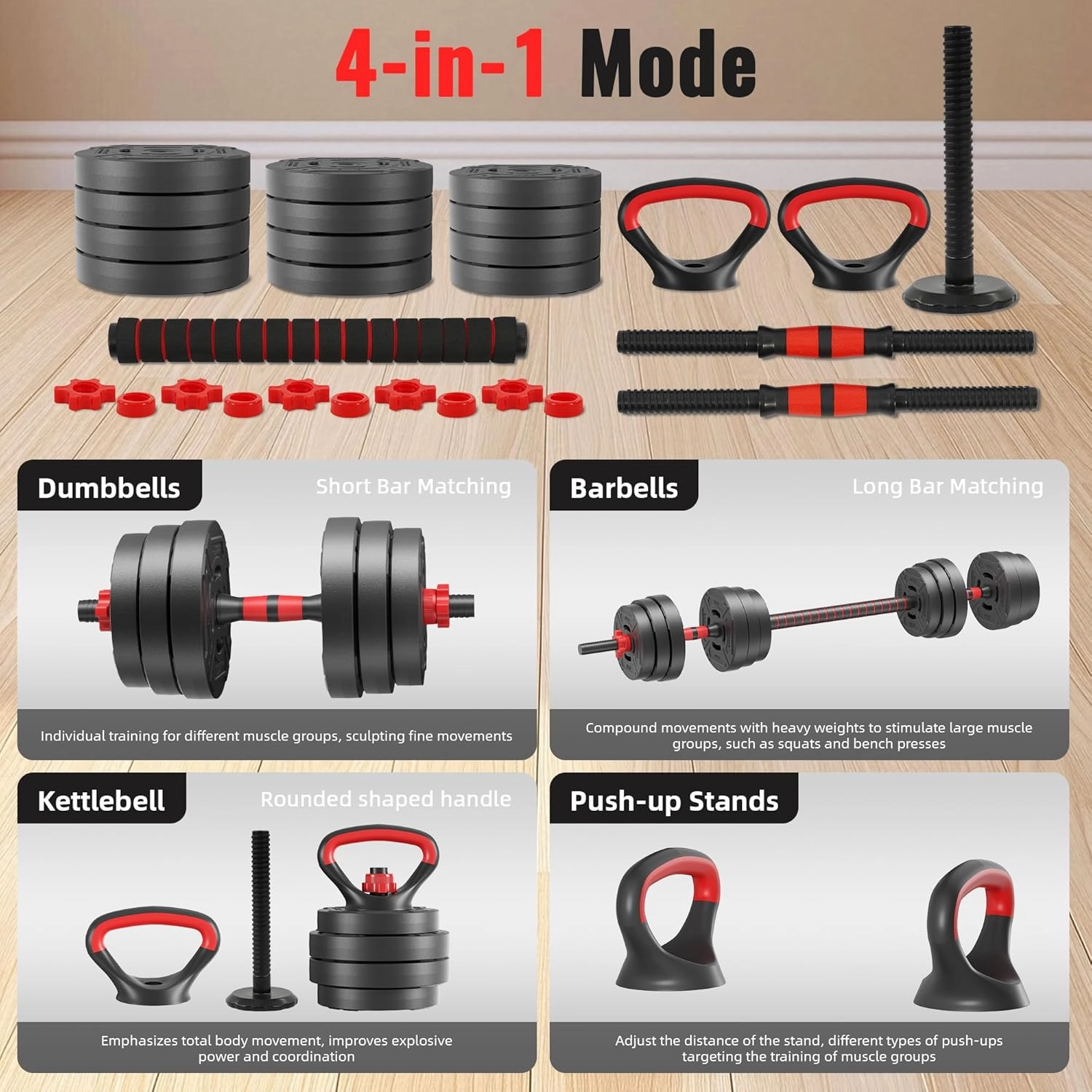 Multi-Functional Portable Changeable Dumbbell and Barbell Kettlebell Set with Adjustable Weights, Multiple Styles, 40LBS or 60LBS Sets