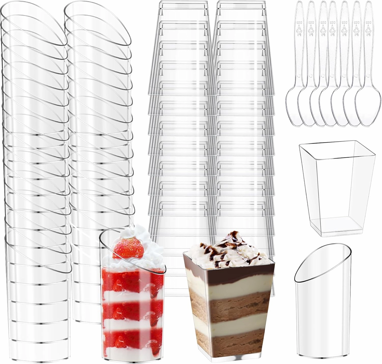 mwellewm 150 Packs Mini Dessert Cups with Spoons, Clear Plastic Dessert Parfait Cups for Parties, Dessert Shooters Fruit Ice Cream Pudding Appetizer Cups (Oval, Square,3oz, 5oz)