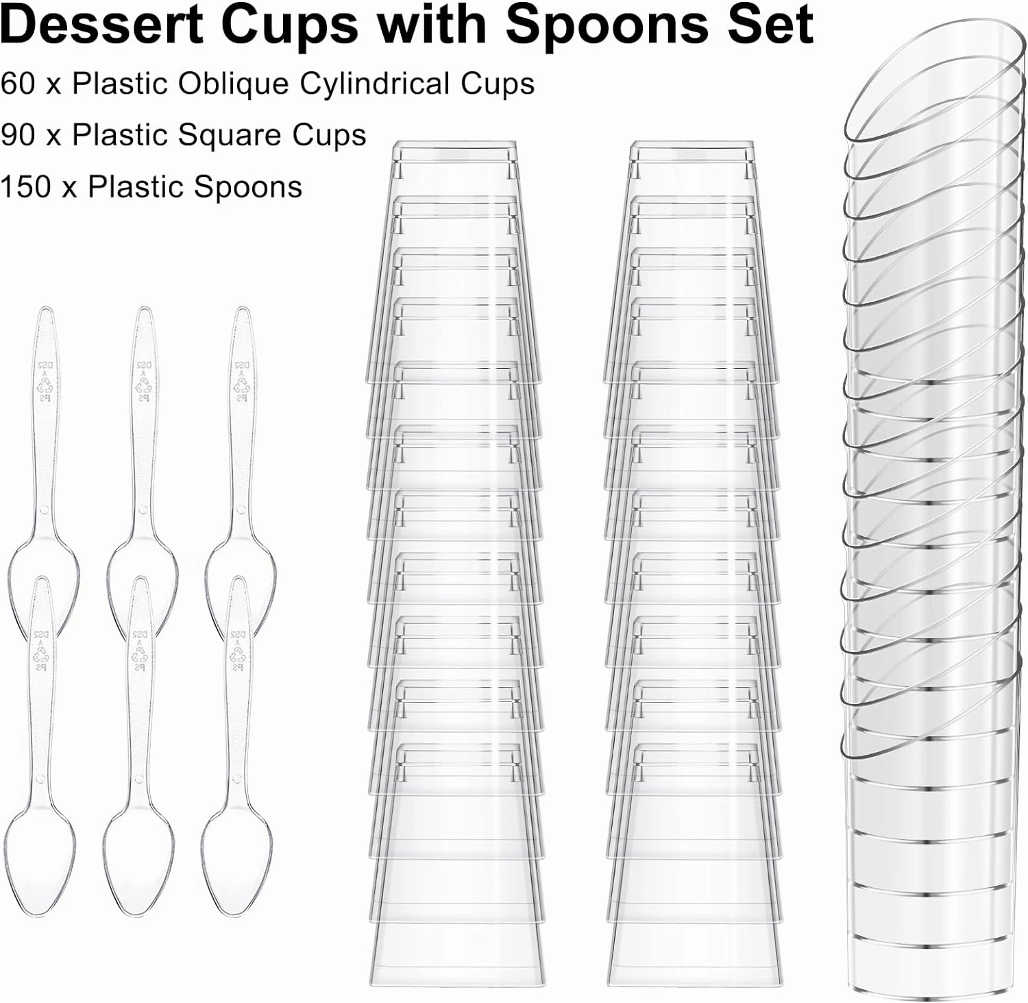 mwellewm 150 Packs Mini Dessert Cups with Spoons, Clear Plastic Dessert Parfait Cups for Parties, Dessert Shooters Fruit Ice Cream Pudding Appetizer Cups (Oval, Square,3oz, 5oz)