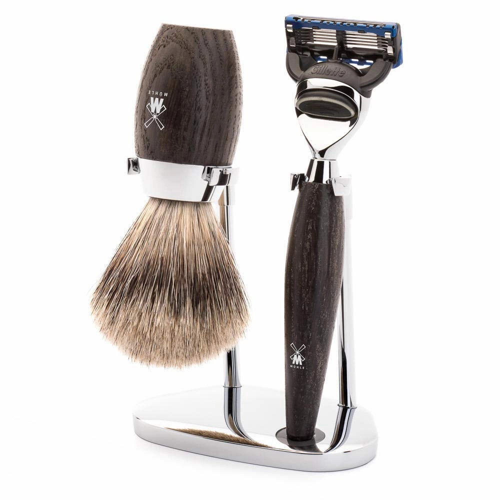 MÜHLE Kosmo Handle Bog Oak 3-Piece Fine Badger 5-Blade Razor Shaving Set