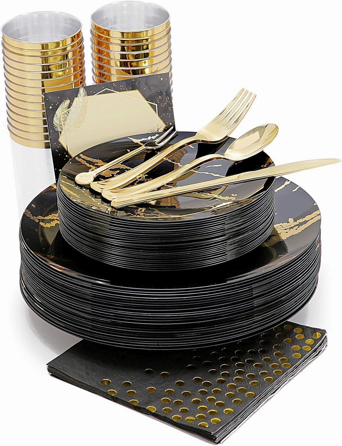N9R 225pcs Black Gold Plastic Plates, Disposable Dinnerware Set Include 25 Dinner Plates, 25 Dessert Plate, 25 Plastic Silverware, 25 Mini Forks, Gold Cups, Napkins and Table Cards Halloween