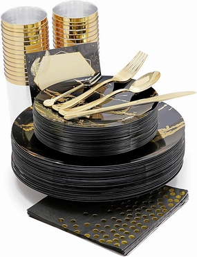 N9R 225pcs Black Gold Plastic Plates, Disposable Dinnerware Set Include 25 Dinner Plates, 25 Dessert Plate, 25 Plastic Silverware, 25 Mini Forks, Gold Cups, Napkins and Table Cards Halloween