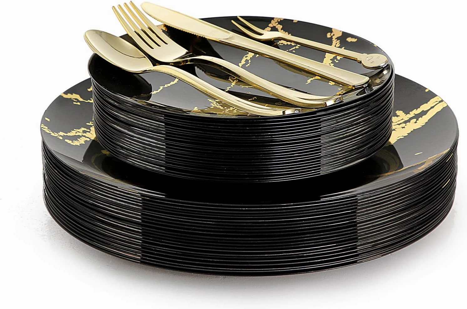 N9R 225pcs Black Gold Plastic Plates, Disposable Dinnerware Set Include 25 Dinner Plates, 25 Dessert Plate, 25 Plastic Silverware, 25 Mini Forks, Gold Cups, Napkins and Table Cards Halloween