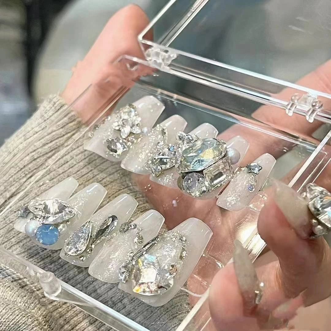 Nail Apparel Long Coffin Press on Nails-Luxury Reusable UV Finish Manicure (Small (Pack of 10), Transparent Milk White Rhinestone)