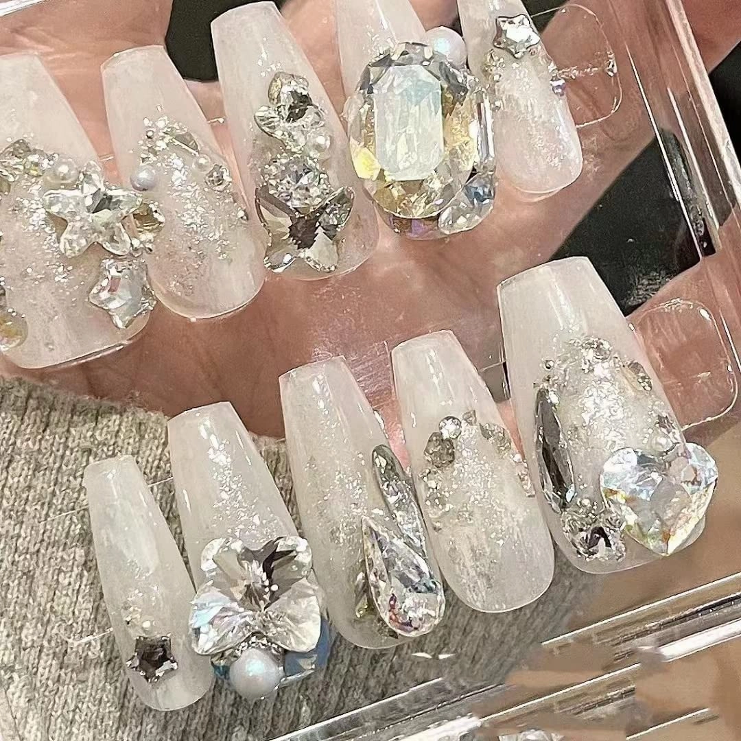 Nail Apparel Long Coffin Press on Nails-Luxury Reusable UV Finish Manicure (Small (Pack of 10), Transparent Milk White Rhinestone)