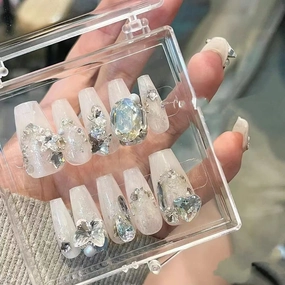 Nail Apparel Long Coffin Press on Nails-Luxury Reusable UV Finish Manicure (Small (Pack of 10), Transparent Milk White Rhinestone)