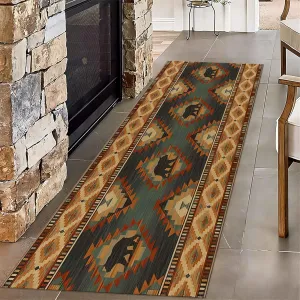 Native American Ethnic Style Runner Rugs, 2x7ft, Vintage Farmhouse Bear Rug Runner for Entryway, with Non Slip Backing Durable Mat, Breathable Absorbent Runner Mat for Dining Table