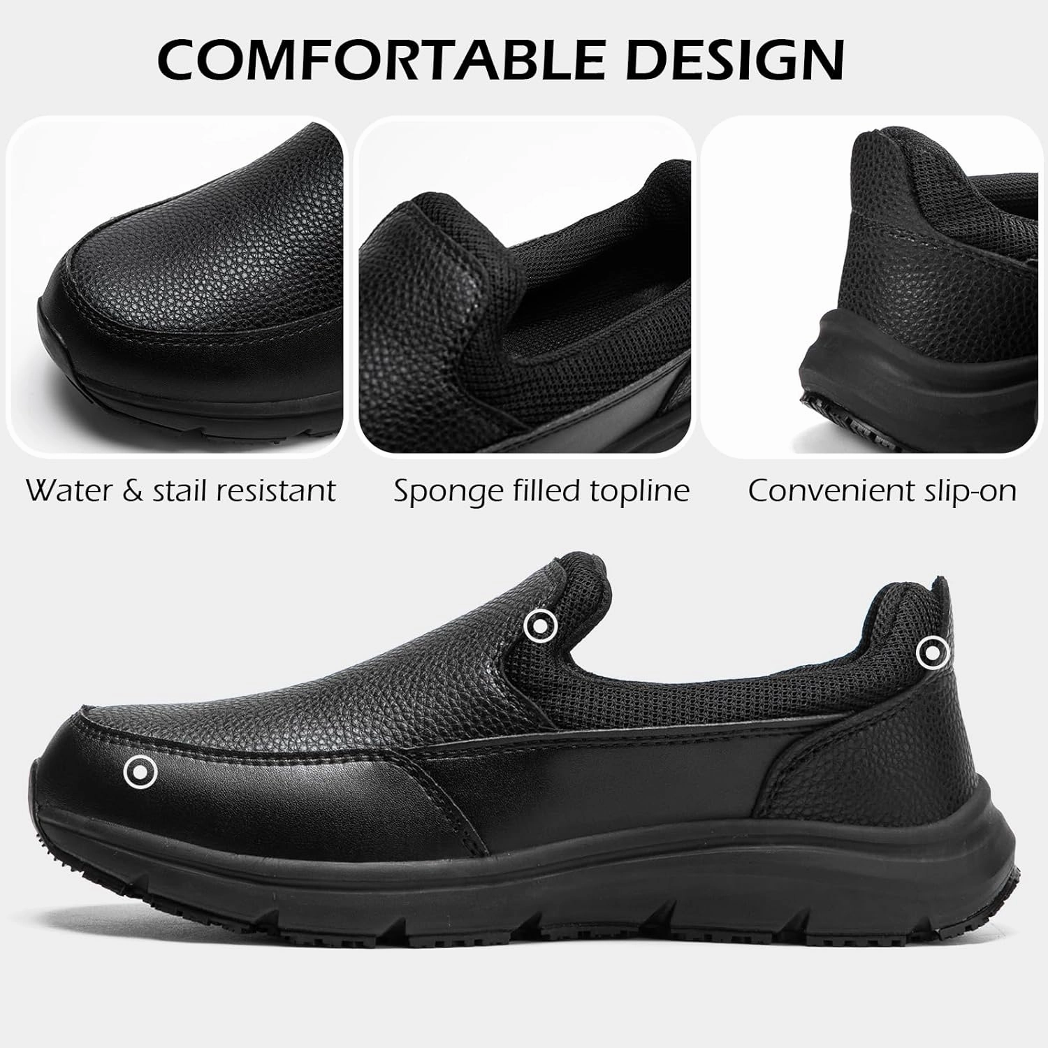 NAVEKULL Men's Non Slip Food Service Shoes Water Resistant Kitchen Restaurant Chef Slip Resistant Work Shoes Black Leather