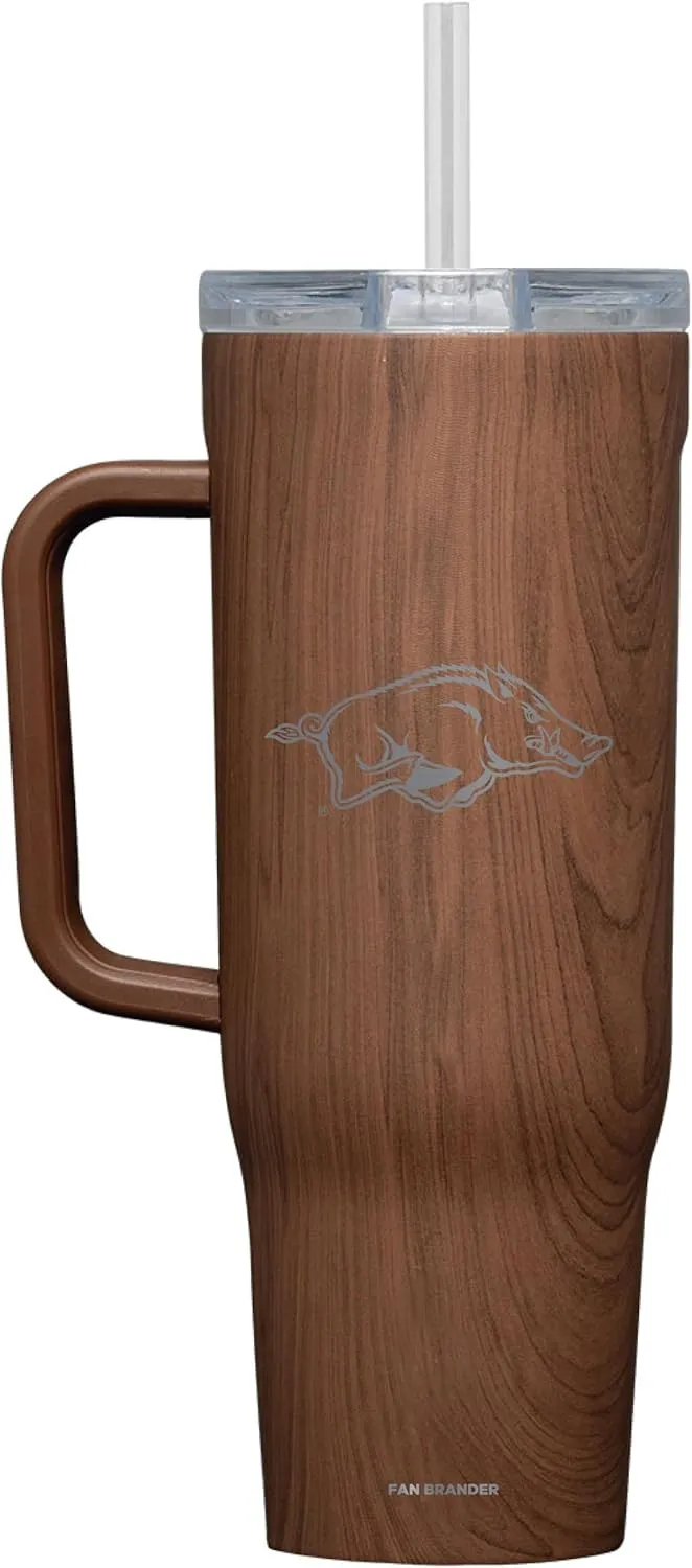 NCAA Walnut Corkcicle Cruiser Insulated Tumbler with Handle and Straw, 40 oz – Water Bottle Keeps Beverages Cold for 20 Hours with Etched Logo (Arkansas Razorbacks)