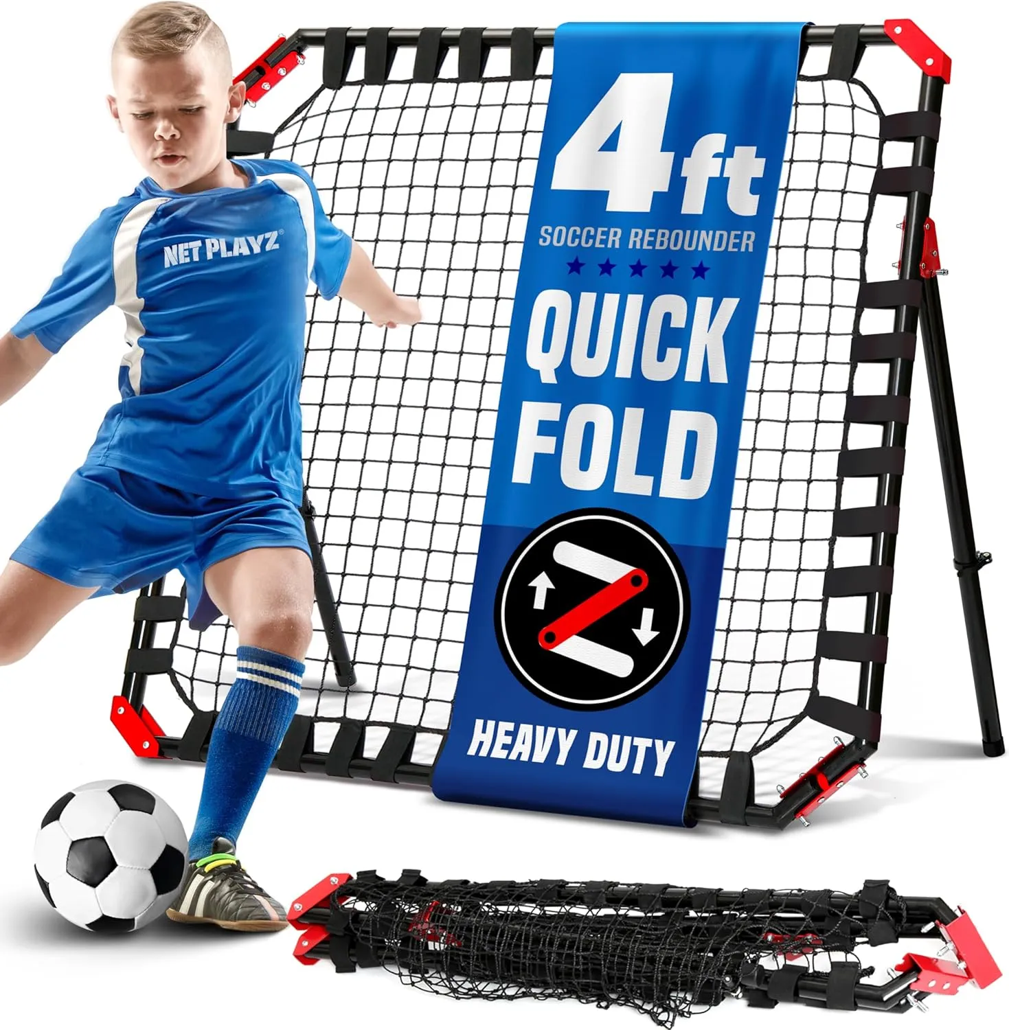 Net Playz Easy Playz Portable Soccer Rebounder, 4 Ft x 4 Ft, Easy Set Up, Sturdy Metal Tube, with Quick Folding Design, No Assembly Needed! Multi Angle Adjustment, Carry Bag Included