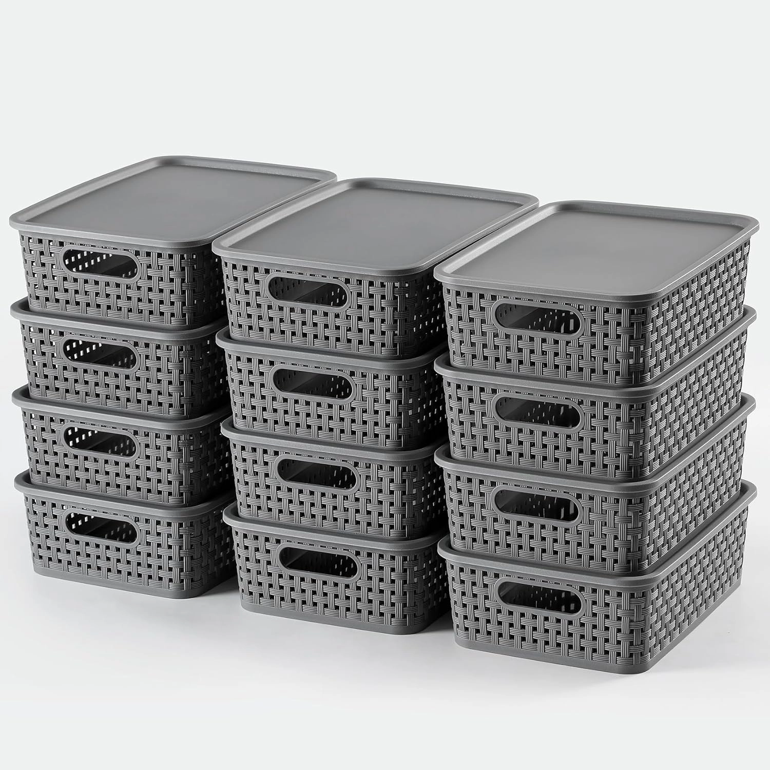 NETANY [ 12 Pack ] Plastic Storage Baskets With Lids, Small Pantry Organization, Stackable Storage Bins, Household Organizers for Cabinets, Countertop, Drawers, Under Sink or On Shelves,Gray