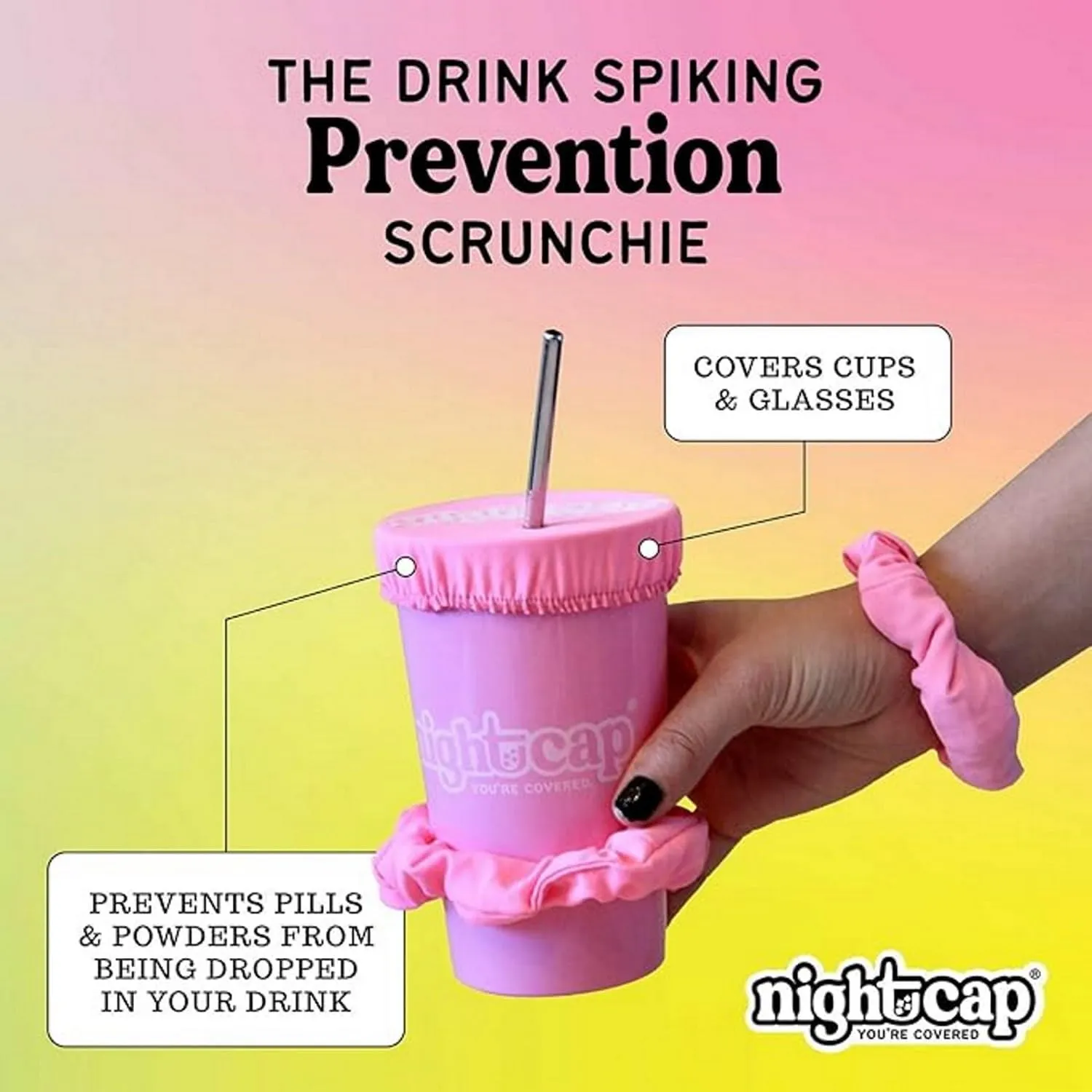 Nightcap The Original Drink Cover Scrunchie, 2 Pack – As Seen On Shark Tank And TikTok - Reusable - Wear On Wrist Or In Hair, Prevent Drink Spiking - Sanitary Pocket Keeps Cover Clean – Black