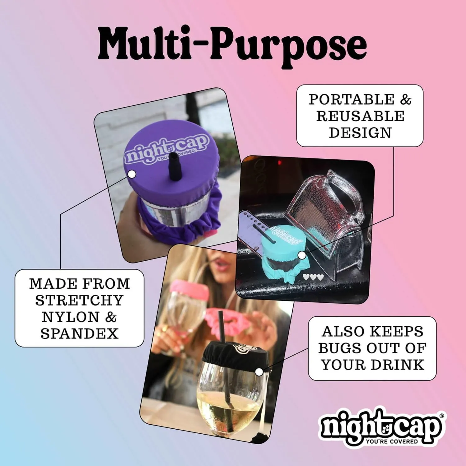 Nightcap The Original Drink Cover Scrunchie, 2 Pack – As Seen On Shark Tank And TikTok - Reusable - Wear On Wrist Or In Hair, Prevent Drink Spiking - Sanitary Pocket Keeps Cover Clean – Black