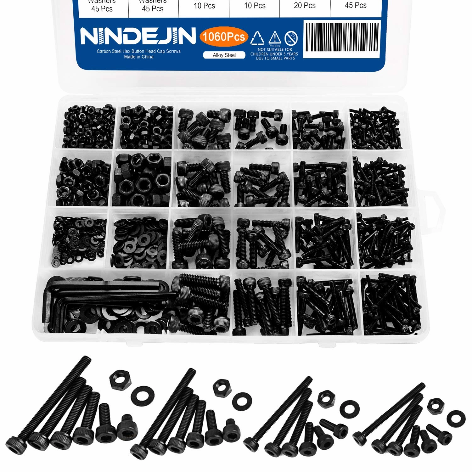 NINDEJIN M2 M3 M4 M5 Hex Socket Head Cap Screw Bolts Nuts and Washer Assortment Kit, 1060 PCS Black Machine Screws Set, 12.9 Carbon Steel Metric Small Parts with 4 Pieces Allen Wrenches