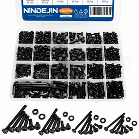 NINDEJIN M2 M3 M4 M5 Hex Socket Head Cap Screw Bolts Nuts and Washer Assortment Kit, 1060 PCS Black Machine Screws Set, 12.9 Carbon Steel Metric Small Parts with 4 Pieces Allen Wrenches