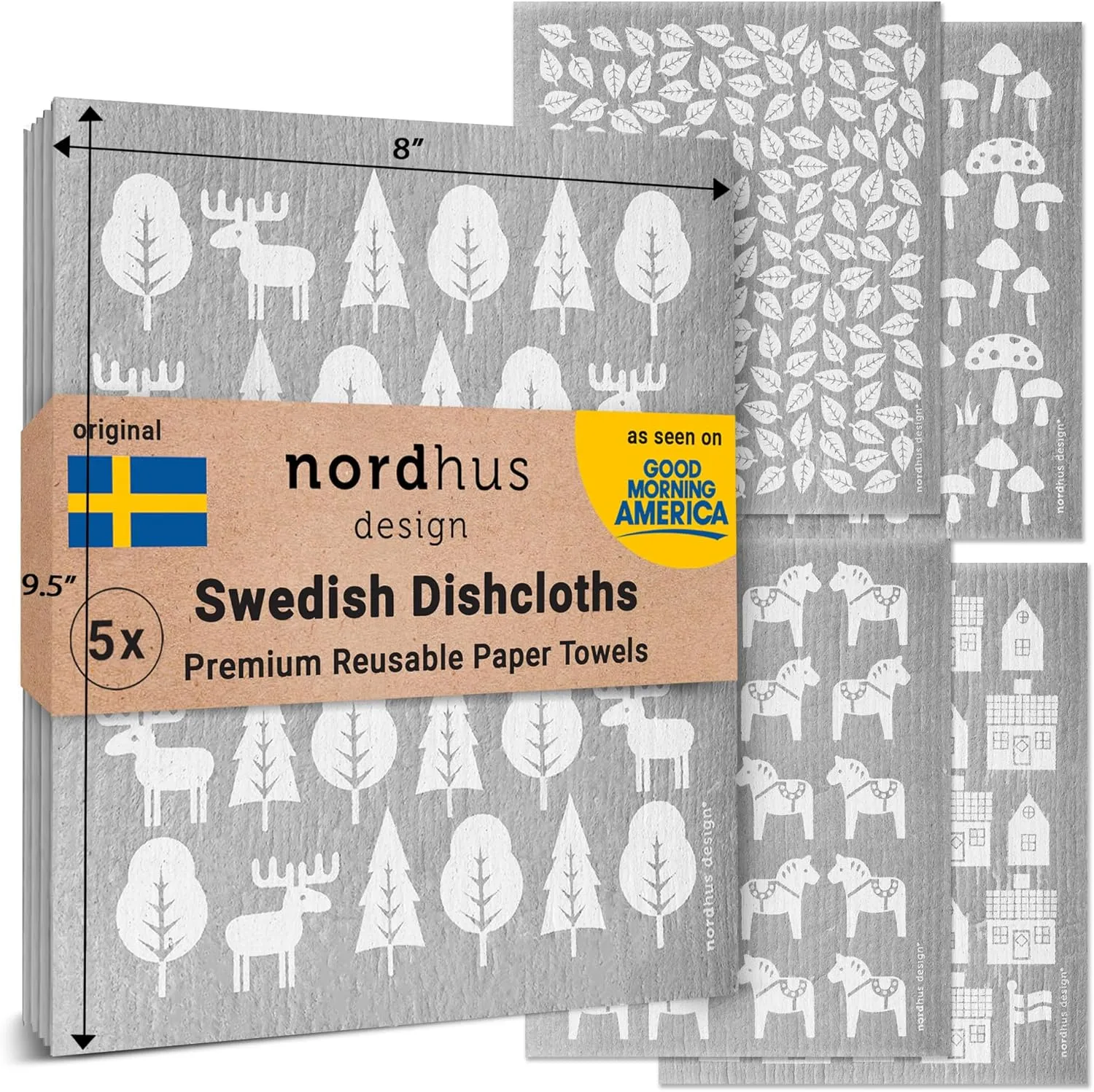 Nordhus Design Large Swedish Dishcloths, 5 Grey Cloths, Made in Sweden - 9.5 x 8 inch Reusable, Washable Cellulose Cotton Kitchen Cloths - Replace Paper Towels, Wipes, Sponges, Dish Rags