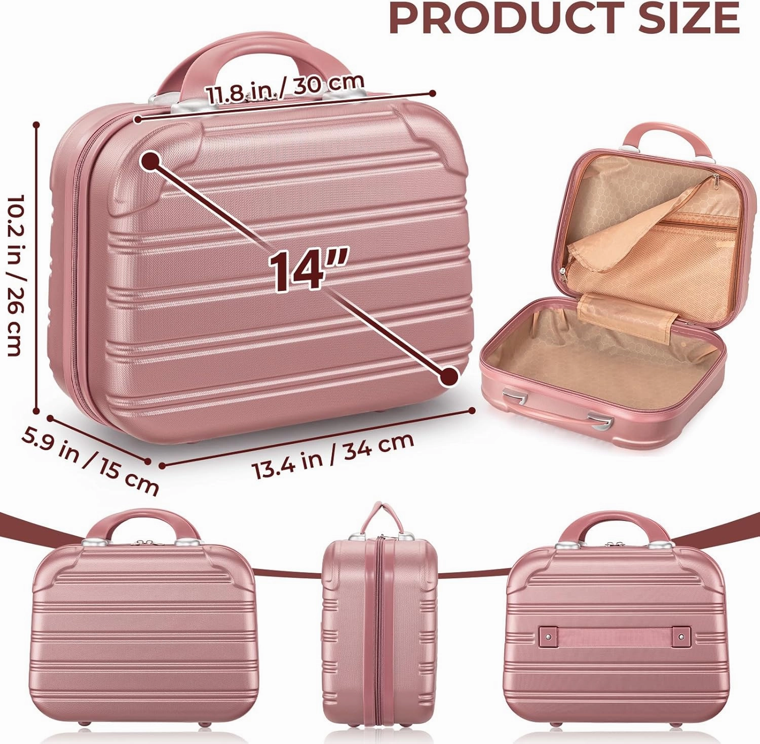 Noverlife 14in Hard Shell Makeup Travel Case, Portable Cosmetic Train Case with Elastic Band, Pressure-proof ABS Carrying Makeup Suitcase, Cosmetic Travel Hand Luggage Bag Organizer - Rose Gold