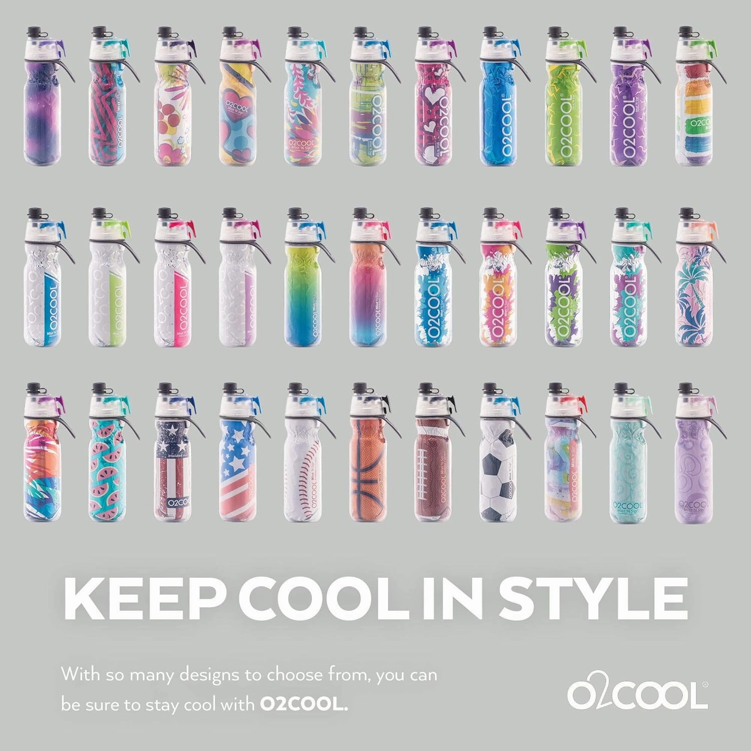 O2COOL Mist N Sip 2-in-1 Misting Water Bottle, 20 oz (2 Pack Football), Reusable Sports Bottle with Pull Top Spout & High Flow Rate - BPA Free, Insulated, Lightweight