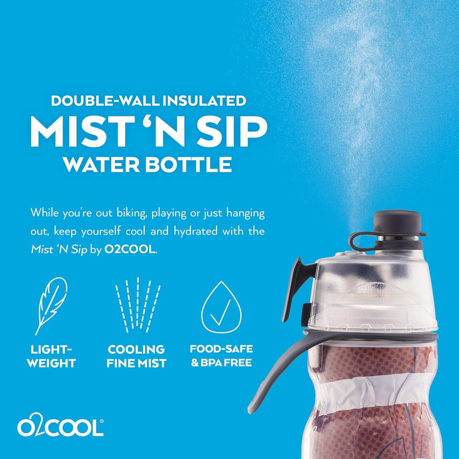 O2COOL Mist N Sip 2-in-1 Misting Water Bottle, 20 oz (2 Pack Football), Reusable Sports Bottle with Pull Top Spout & High Flow Rate - BPA Free, Insulated, Lightweight