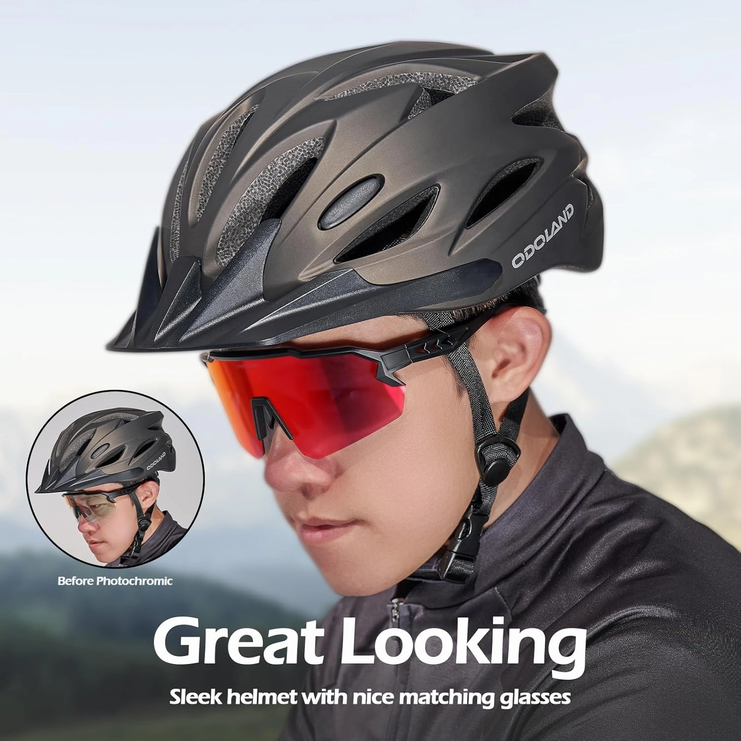 Odoland Bike Helmet Cycling Sunglasses Set for Adult, Adjustable Lightweight Cycling Bicycle Helmet for Mountain Road Bike Men Women