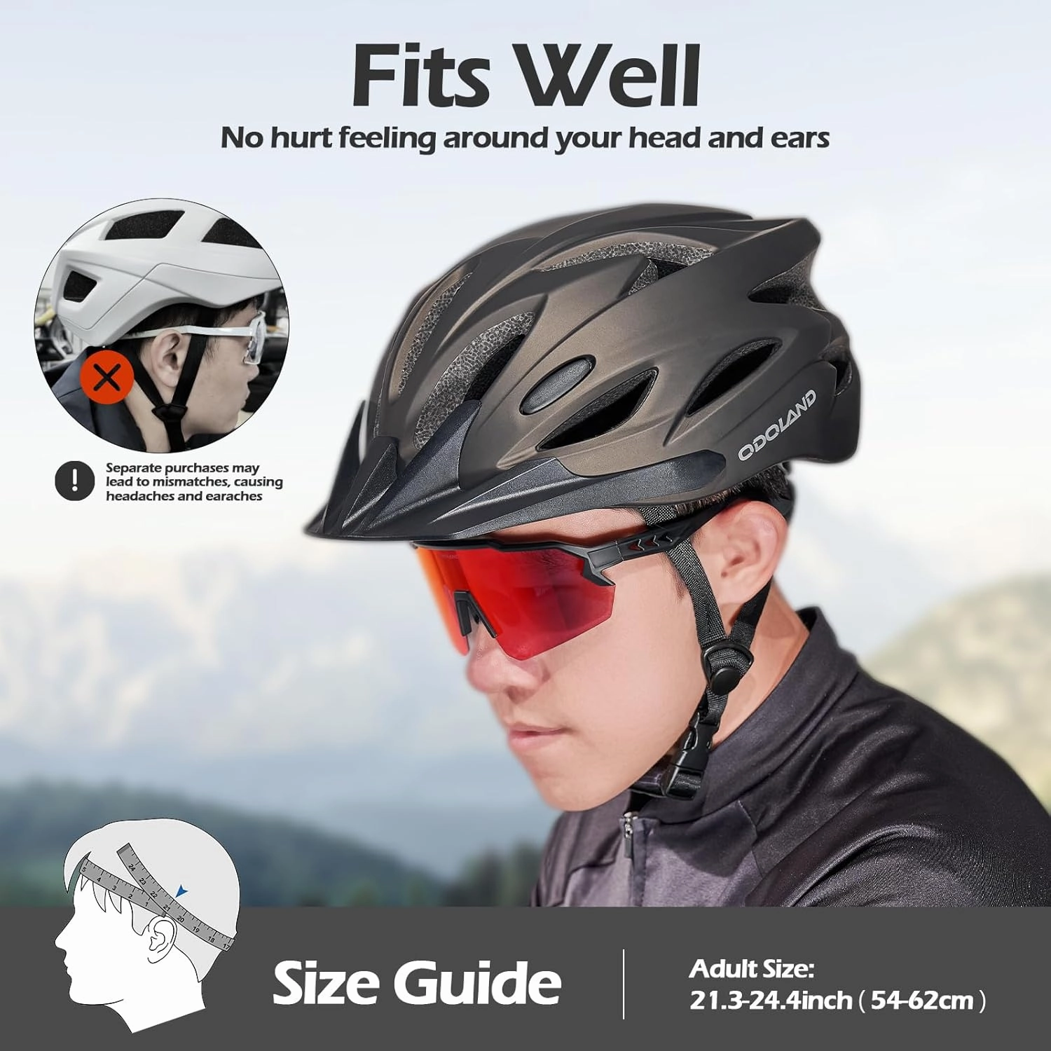Odoland Bike Helmet Cycling Sunglasses Set for Adult, Adjustable Lightweight Cycling Bicycle Helmet for Mountain Road Bike Men Women