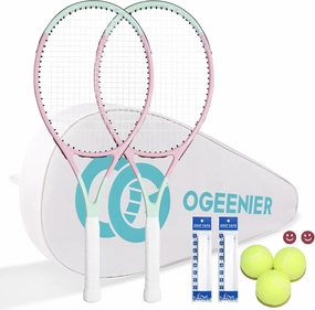 OGEENIER 27" Tennis Racket Set for Adults, Pre-Strung Tennis Racquets for Beginners, 2-Player Recreational Tennis Set with 3 Balls, 2 Vibration Dampers, 2 Grips, 1 Tennis Bag