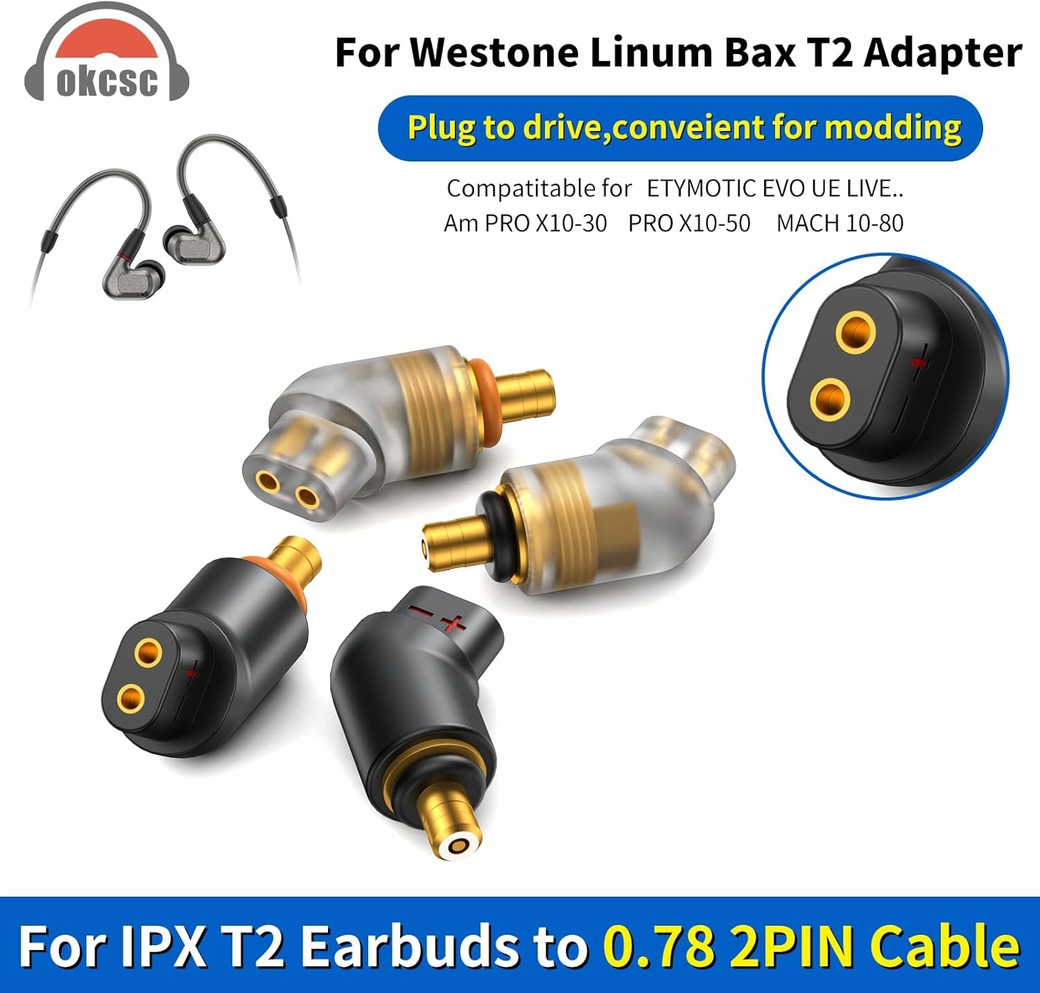 okcsc Linum BAX T2 Male to QDC 0.78 2PIN Female Headphone Adapter to QDC 0.78 2PIN Cable Lossless Audio Adaptor for KZ BA10 AS10 ZS10 ZSR ZST ED12 for ETYMOTIC for WESTONE PRO X Series 1 Pair Black