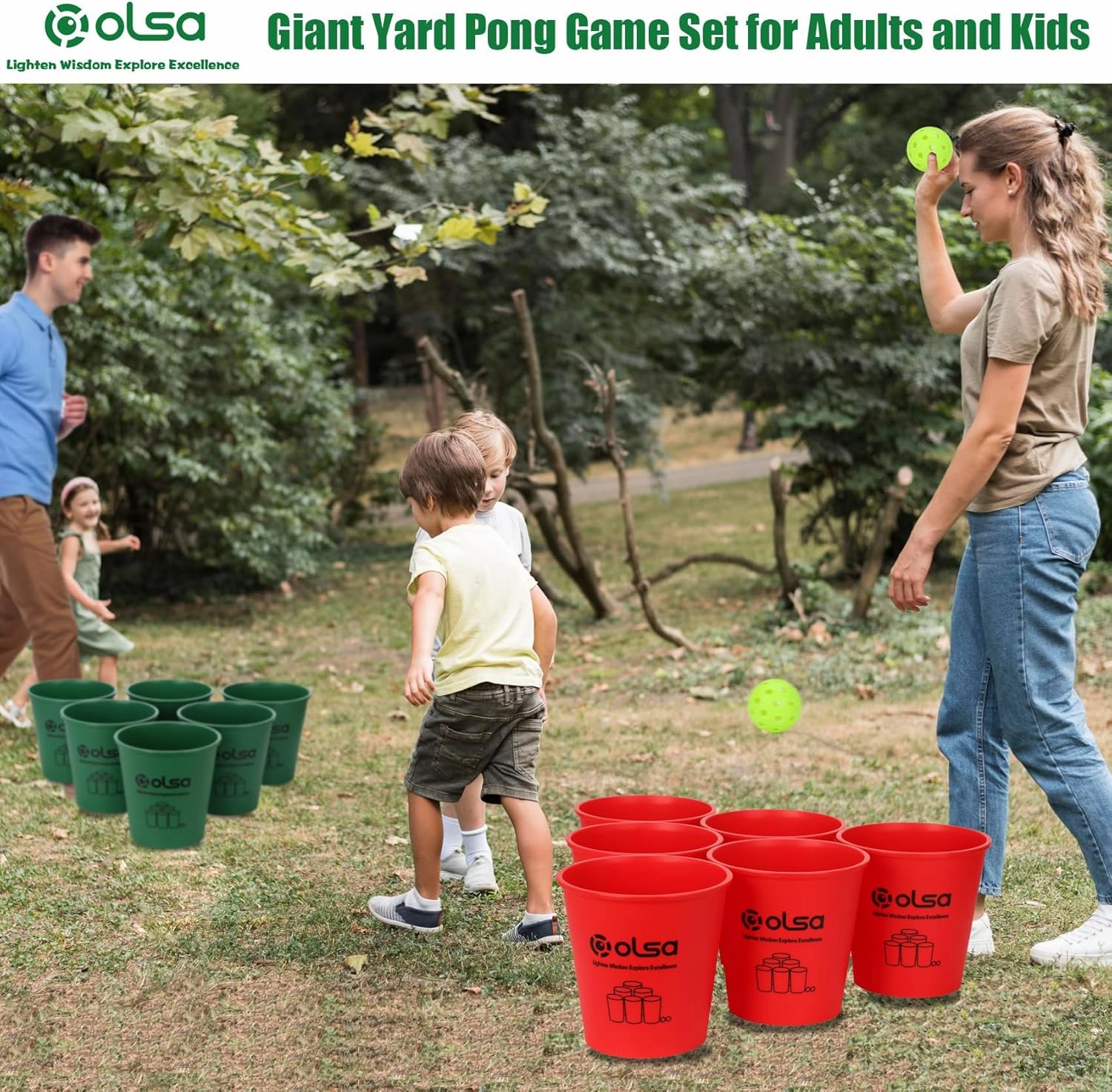 Olsa Giant Yard Pong Outdoor Games, Toss Family Games with 12 Buckets, Balls & Strength Carrying Bag for Beach Camping Lawn Backyard, Outdoor Games for Adults and Family (Green&Red)