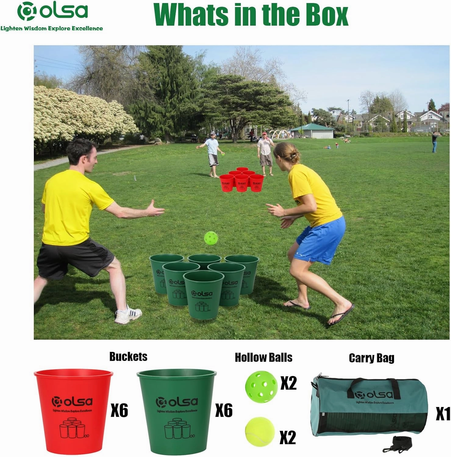 Olsa Giant Yard Pong Outdoor Games, Toss Family Games with 12 Buckets, Balls & Strength Carrying Bag for Beach Camping Lawn Backyard, Outdoor Games for Adults and Family (Green&Red)